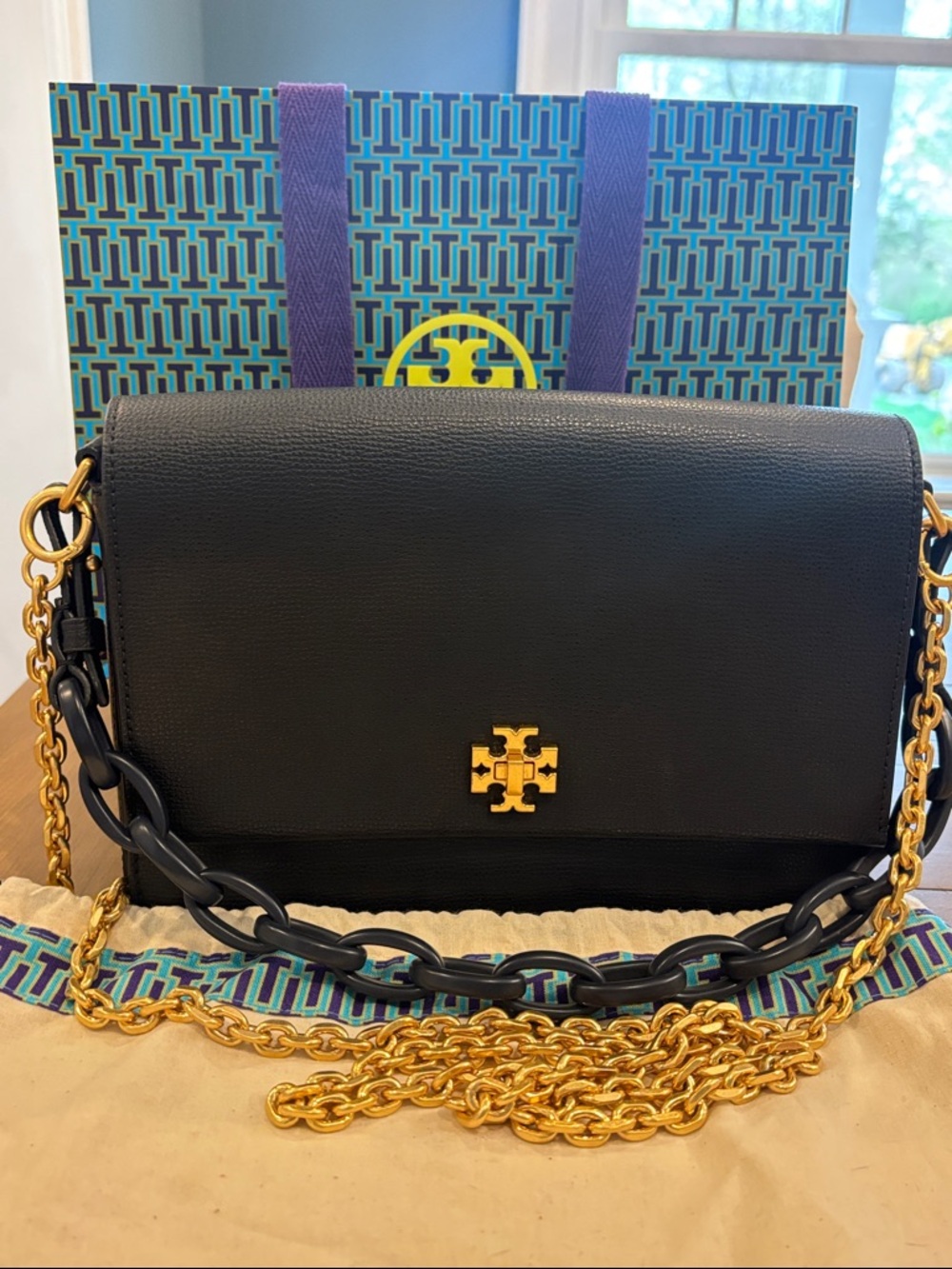 Tory Burch Black Leather Crossbody with Gold Chain & Logo
